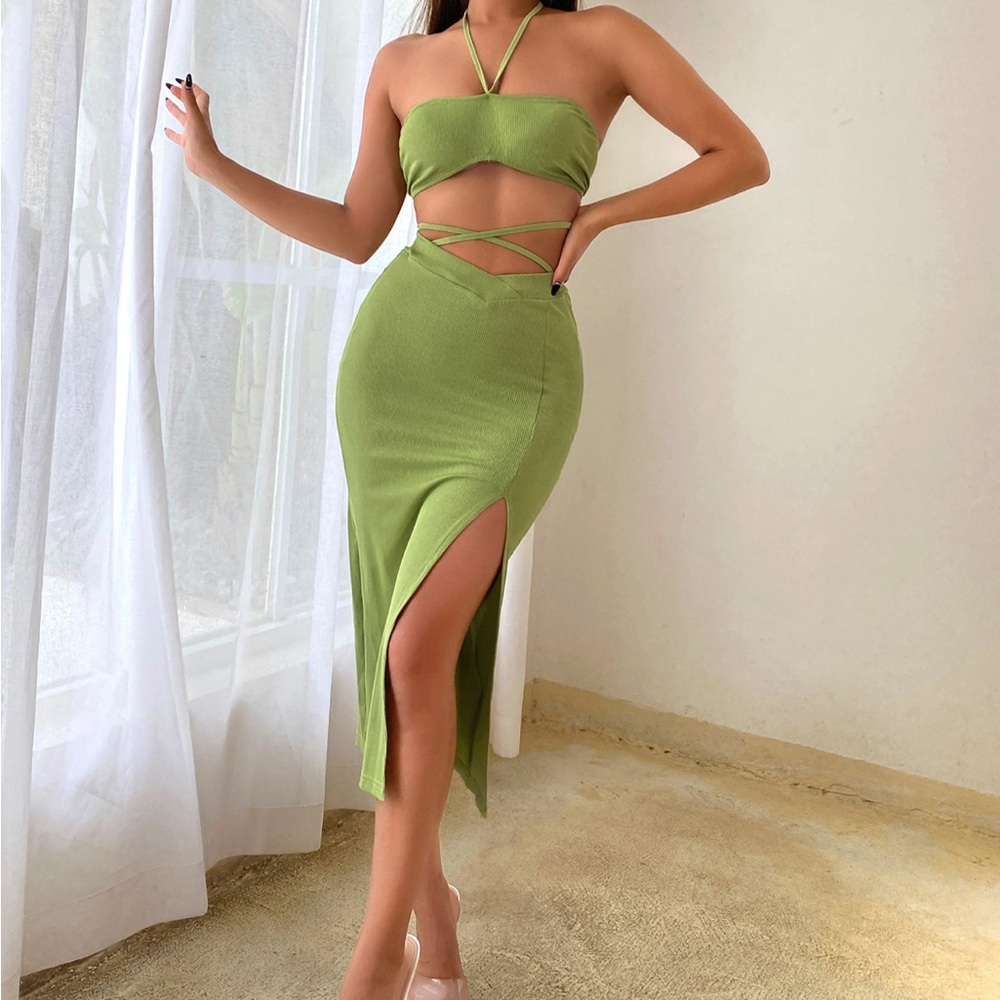 Two piece crop top with split skirt